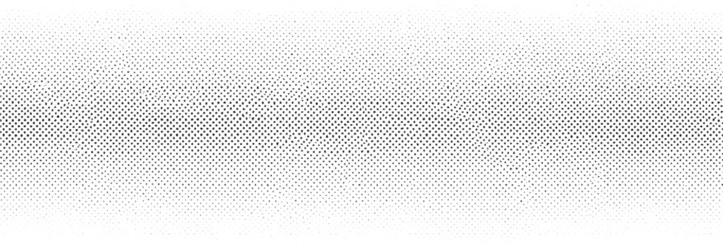 Horizontal halftone gradient texture with black dots and grunge noise on transparent background for banner design and creative border effect vector illustration in vintage comic style