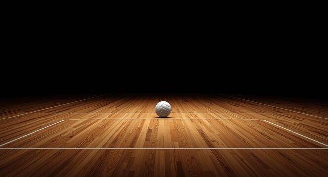Indoor volleyball court with wood grain flooring and ball on black background