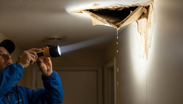 Property manager inspecting water damaged ceiling with flashlight in dark apartment hallway