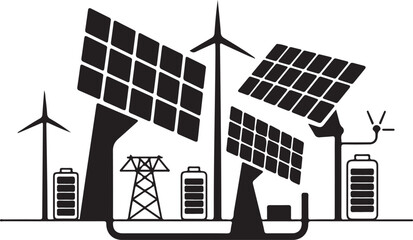 Obraz premium Solar panels and wind turbines with batteries and power lines