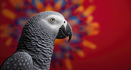 Obraz premium Advertising design space with African Grey Parrot profile on colorful background
