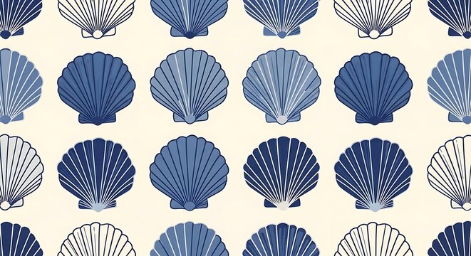 Seamless blue coastal shell pattern with stylized scallop shells
