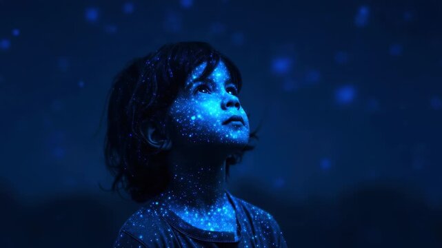 Child looking up with face and body illuminated by glowing blue starry lights against dark