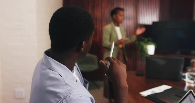 Distracted, man and presentation with tablet in office for discussion, proofreading and feedback. People, communication and digital for copywriting, team planning and briefing for article submission