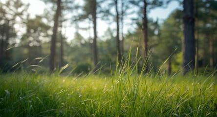 Soft focus foreground with vibrant green grass and pine forest blurred background