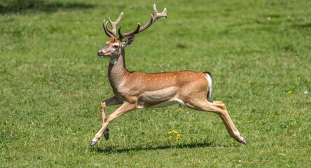 Male deer captured mid leap in playful action on a green grass lawn during a warm summer day full length