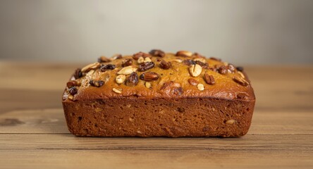 Golden fruit cake loaf packed with raisins nuts and zesty spices sitting on a wooden countertop