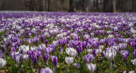 Obraz premium Spring season full of blooming crocus flowers spread over healthy green grass