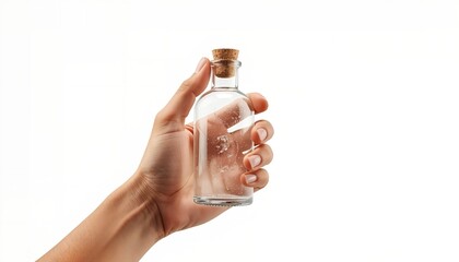 A hand holding a small, empty glass bottle with a cork stopper on a white background