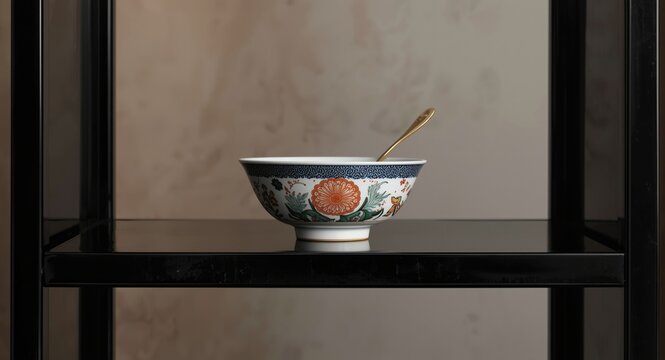 Classic Imari rice bowl on an ebony lacquer shelving unit with a calm softly blurred studio background