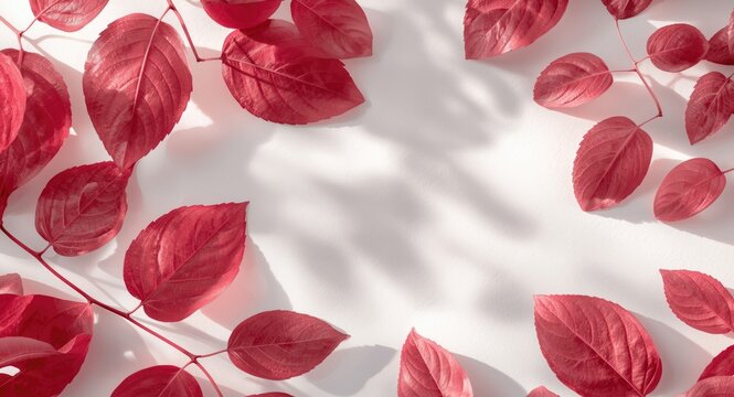 Nature themed display of vibrant red and pink Coccinia grandis leaves on a crisp white background