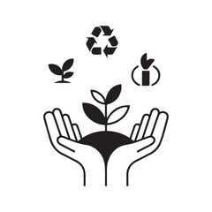 Obraz premium Hands cradling a growing plant with eco friendly symbols