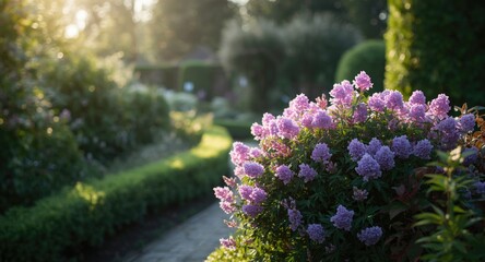 Obraz premium Sunny garden scene with flourishing violet and pink blossoms under soft light