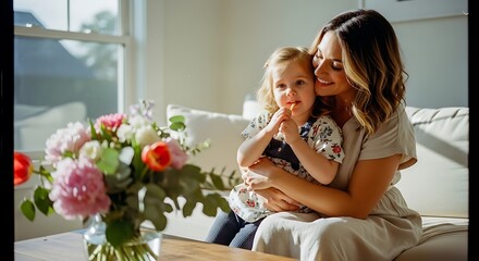 Obraz premium Mother and Child Sitting on Couch with Flowers