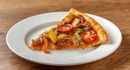 Naklejka premium Flavorful slice of pizza with delicious toppings on a neat white plate