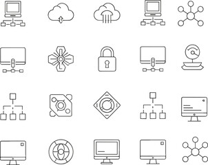 MobileComputer Network and Cloud Security Line Icon Set with Server, Firewall, Lock, Database, and Technology Infrastructure Symbols