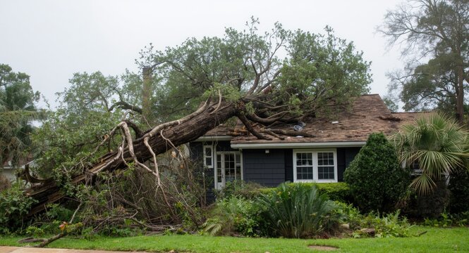 Tree fallen on house roof due to hurricane force winds causing damage