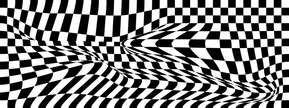 Abstract black and white checkered pattern with distorted wavy lines and optical illusion effect. Dynamic geometric background with warped squares and stripes.
