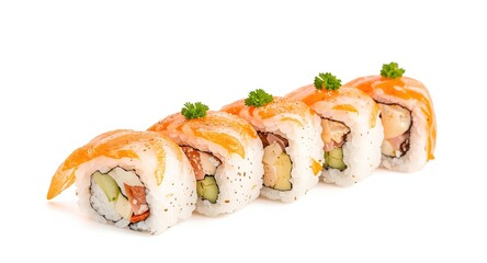 Fresh sushi unagi rolls isolated on white background with healthy seafood copy space