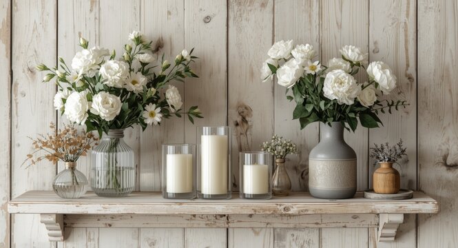 Shabby chic rustic wooden shelf holding white flowers in natural vases and candles