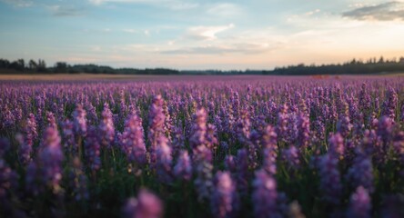 Fototapeta premium Bright violet flower meadow spreading across a calm natural setting with gentle sky