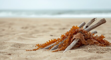 Fototapeta premium Natural sea kelp fastened to sticks on beach and space for text