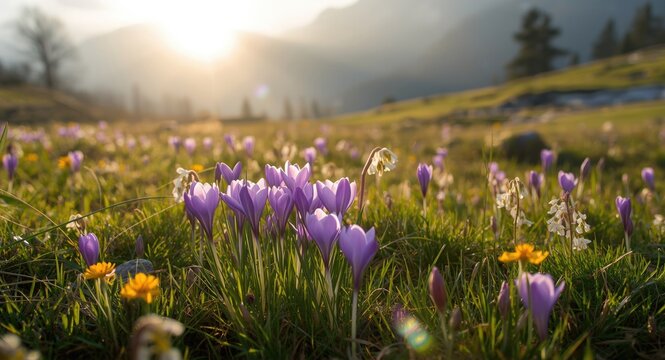 Fresh spring alpine meadow bursting with purple narcissus and wild crocus flowers in gentle morning light