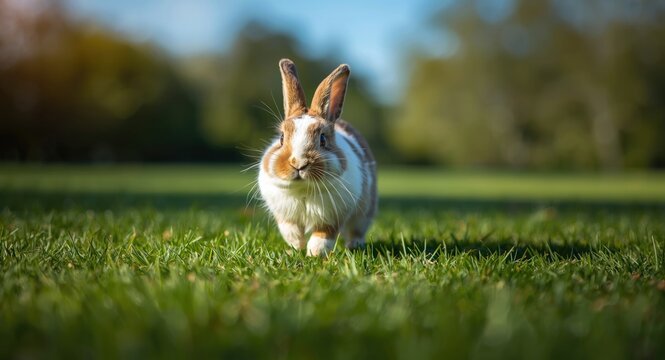 Happy rabbit bounding across a green grass lawn full length view illuminated by summer daylight