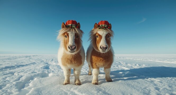 Playful Shetland ponies in Christmas hats standing on a white snowy ground