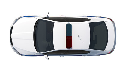Top view of a modern white police car with blue and red emergency lights on the roof © changnam37