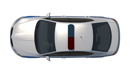Overhead view of a modern police car with blue and red light bar on a white background © changnam37