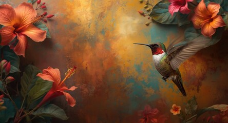 Fototapeta premium Richly textured artistic background showcasing a hummingbird and lively tropical flowers
