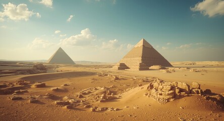 Vast arid landscape featuring iconic ancient pyramid landmarks