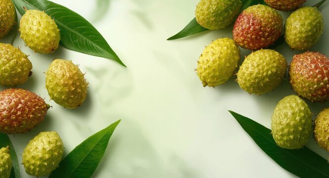 Natural composition of colorful noni fruits and green leaves on a clean and fresh white backdrop
