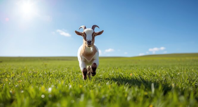 Cheerful young goat bounding across fresh green grass full length photograph in summer sunshine with copy space