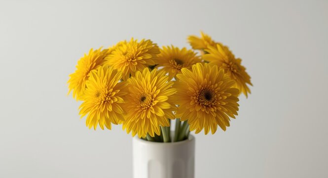 Bright yellow Bidens Goldilocks flowers arranged in a minimalist vase with a plain white backdrop