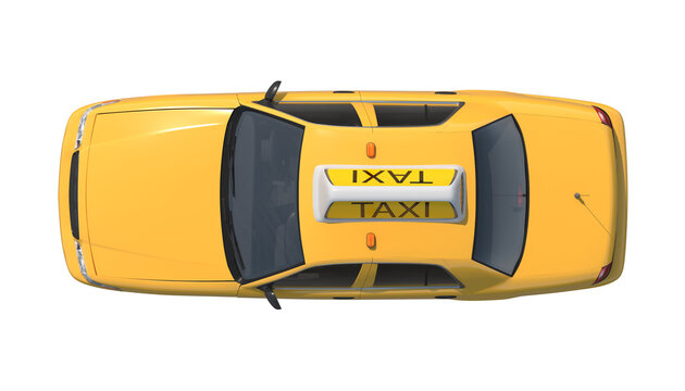 Top view of a bright yellow taxi cab isolated 