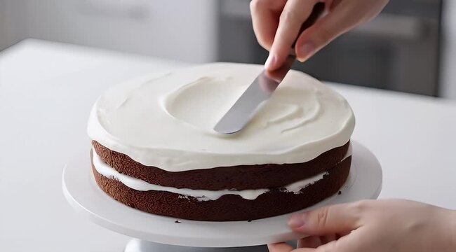 Person smoothing white frosting on a two layer chocolate cake on stand