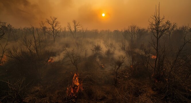 Birds eye perspective on a forest wildfire with thick smoke and dry vegetation