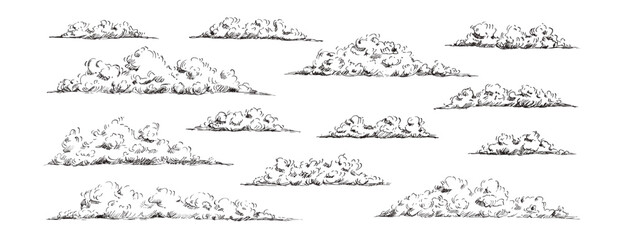 Sketchy clouds illustration with hand-drawn ink pen strokes and hatching. Vintage doodle sky. Retro line art nature beauty in classic black and white pencil sketch design. Vector linear set.