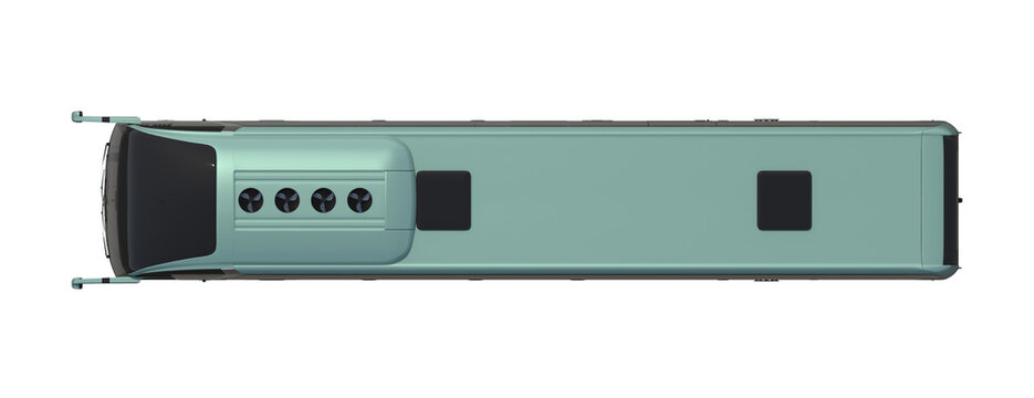 Top view of a teal coach bus with visible roof details and windows