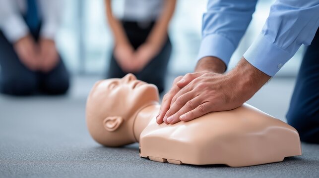 A man is performing CPR on a mannequin