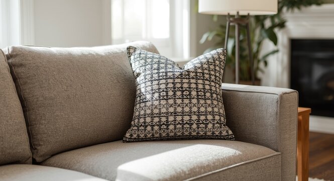 Stylish black and white cushion on a contemporary couch in a warmly sunlit living space
