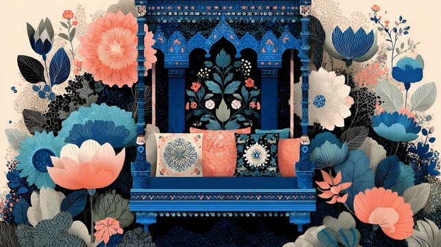 Flat illustration inspired by Dolyatra swing rituals, stylized ceremonial swing with floral and color accents, memphis patterns, boho-inspired textures, balanced festive composition