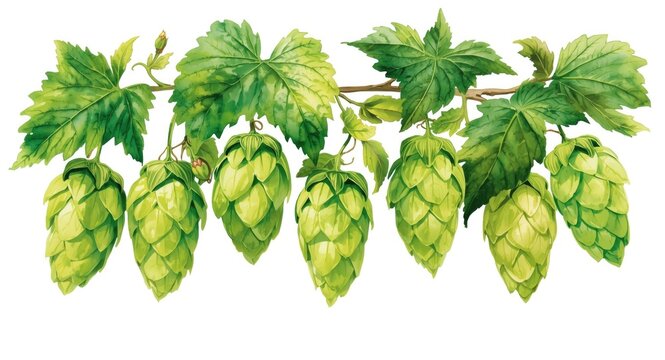 Vibrant watercolor sketch of hop cones and leaves painted fresh green on white