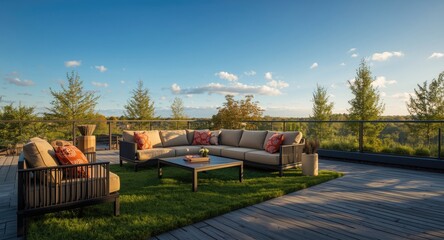 Obraz premium Modern patio deck featuring a cozy sectional sofa and armchairs with decorative cushions over a green grassy area