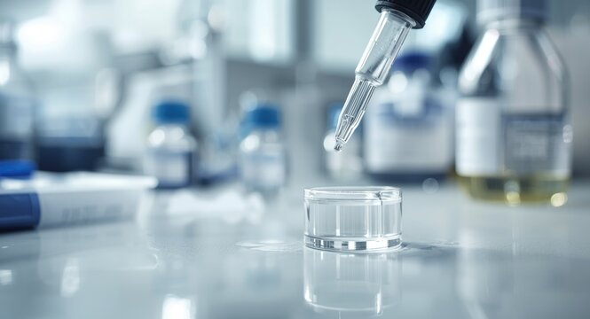 Research laboratory scene with micro pipette delivering solution into Eppendorf container