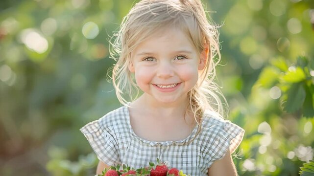 Smiling young girl stands amidst lush strawberry field, holding a full basket of freshly harvested strawberries. The warm sunlight enhances the vibrant greenery, capturing a joyful agricultural moment