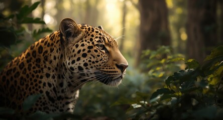 Obraz premium Leopard with one eye closed looking into dense forest