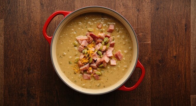 Overhead close up of split pea soup with diced ham, mustard, and pumpkin seeds in red pot on textured dark wood